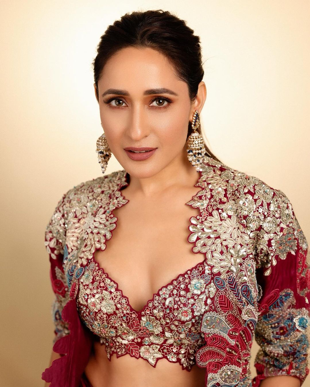 South Indian Actress Pragya Jaiswal in Maroon Lehenga Choli